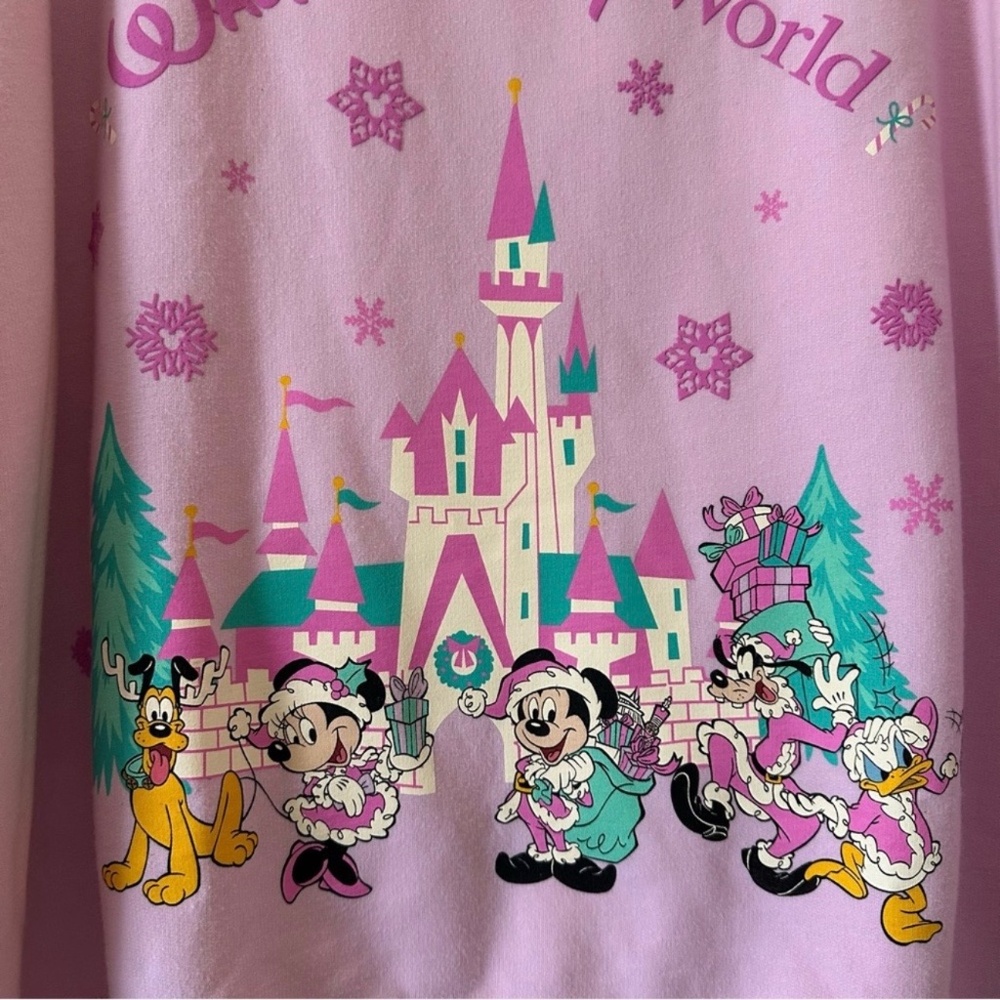 Disney Parks 2025 WDW Pink Holiday Castle Mickey Minnie Pluto Donald Size XL NEW - Picture 3 of 4